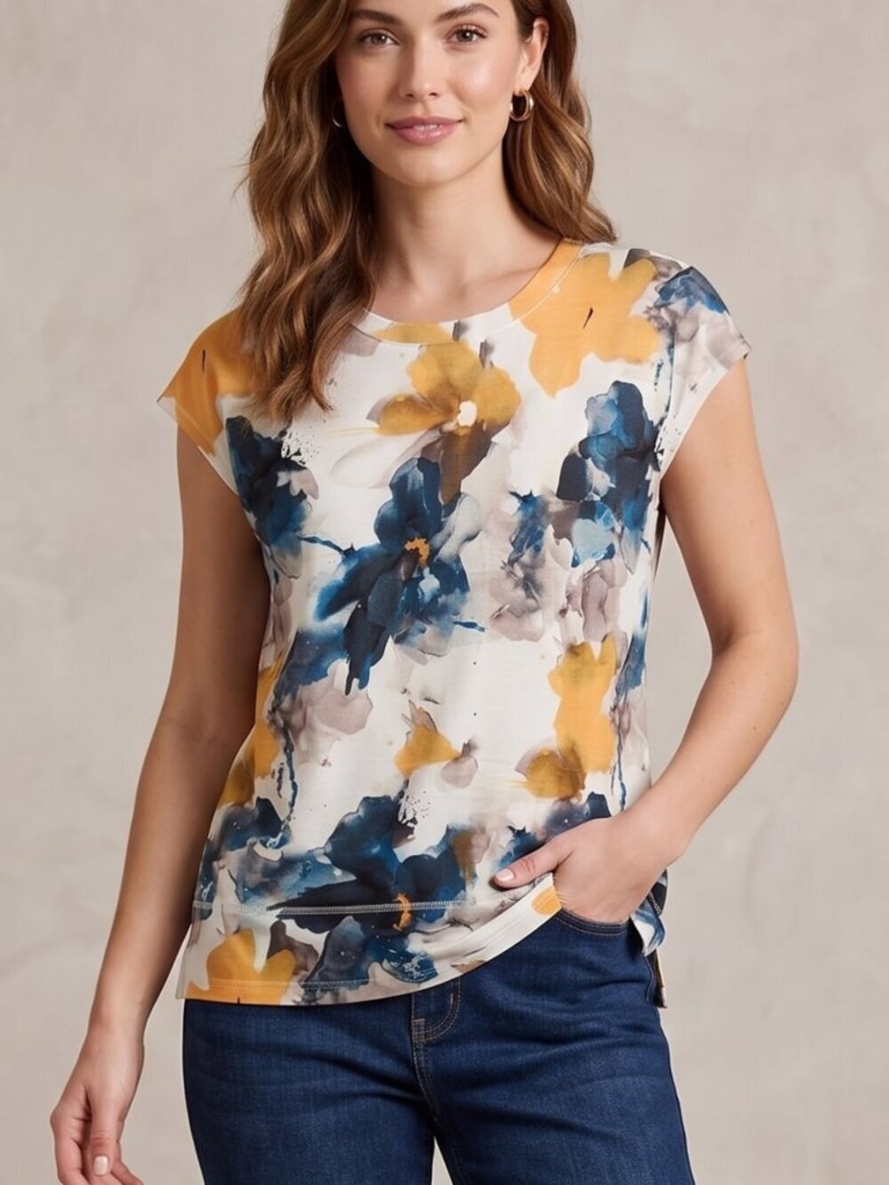 Women's Short Sleeve Floral Print Blouse in White, Blue & Mustard